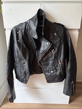 Classic Black Leather Moto Jacket with Zip Details